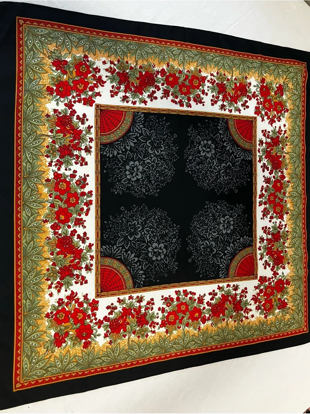 Vtg. Floral Red & Green Border Silk-Feel Scarf
